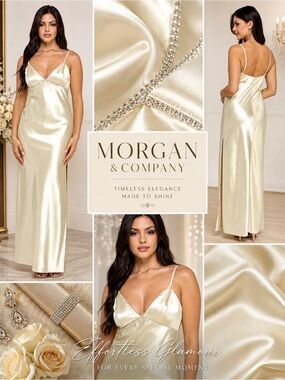 Morgan & Company Cream Satin Rhinestone V-Neck Maxi Gown Large NWT